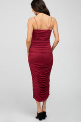 Burgundy Ruched Fitted Maternity Maxi Dress