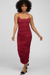 Burgundy Ruched Fitted Maternity Maxi Dress