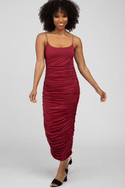 Burgundy Ruched Fitted Maxi Dress