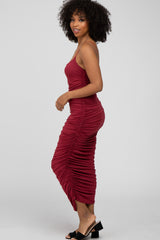 Burgundy Ruched Fitted Maxi Dress