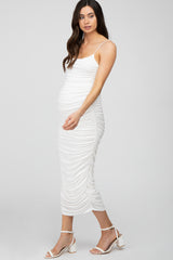 White Ruched Fitted Maternity Maxi Dress