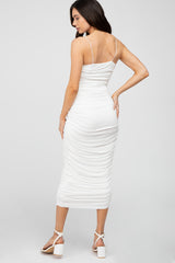 White Ruched Fitted Maternity Maxi Dress