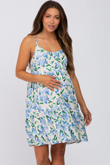 Blue Floral Satin Back Tie Maternity Dress