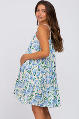 Blue Floral Satin Back Tie Maternity Dress