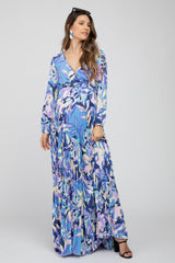 Blue Printed Wrap Front Maternity Maxi Dress