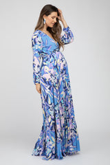 Blue Printed Wrap Front Maternity Maxi Dress