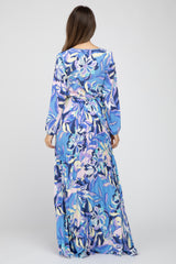 Blue Printed Wrap Front Maternity Maxi Dress