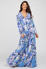 Blue Printed Wrap Front Maternity Maxi Dress