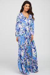 Blue 70's Print Wrap Front Maxi Dress