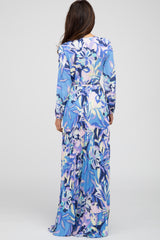 Blue 70's Print Wrap Front Maxi Dress