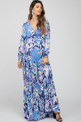 Blue Printed Wrap Front Maternity Maxi Dress