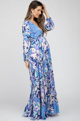 Blue Printed Wrap Front Maternity Maxi Dress