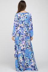 Blue Printed Wrap Front Maternity Maxi Dress