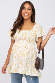 Cream Floral Smocked Side Pocket Maternity Top