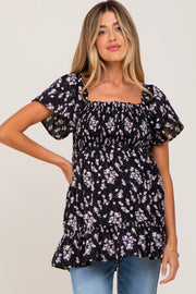 Black Floral Smocked Side Pocket Maternity Top