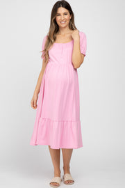 Pink Square Neckline Maternity Midi Dress