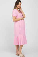 Pink Square Neckline Maternity Midi Dress