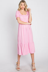 Pink Square Neckline Maternity Midi Dress