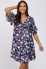 Navy Floral Cinched Front Maternity Dress