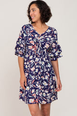 Navy Floral Cinched Front Maternity Dress