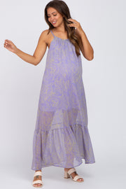 Lavender Chiffon Tropical Leaf Maternity Maxi Dress