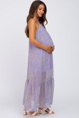 Lavender Chiffon Tropical Leaf Maternity Maxi Dress