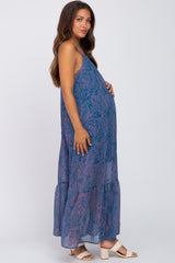 Teal Chiffon Tropical Leaf Maternity Maxi Dress