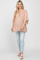 Peach Floral Tiered Front Tie Maternity Blouse