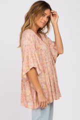 Peach Floral Tiered Front Tie Blouse