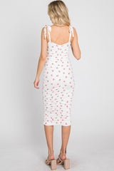 Ivory Floral Sleeveless Ruched Midi Dress