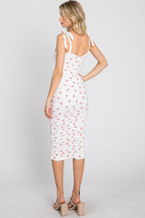 Ivory Floral Sleeveless Ruched Midi Dress