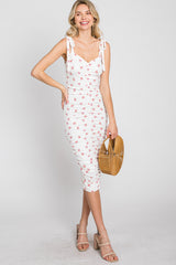 Ivory Floral Sleeveless Ruched Midi Dress