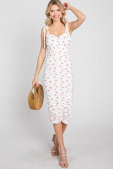 Ivory Floral Sleeveless Ruched Midi Dress