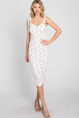 Ivory Floral Sleeveless Ruched Midi Dress