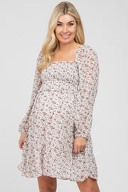 Ivory Floral Chiffon Smocked Square Neck Maternity Dress