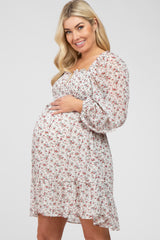 Ivory Floral Chiffon Smocked Square Neck Maternity Dress