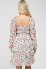 Ivory Floral Chiffon Smocked Square Neck Maternity Dress