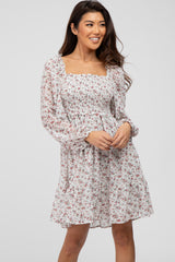 Ivory Floral Chiffon Smocked Square Neck Maternity Dress