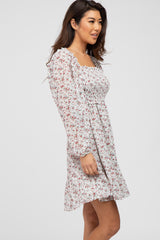 Ivory Floral Chiffon Smocked Square Neck Dress