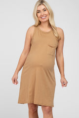 Camel Pocket Front Sleeveless Maternity Dress