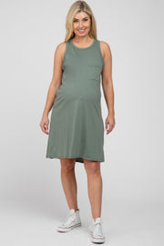 Light Olive Pocket Front Sleeveless Maternity Dress