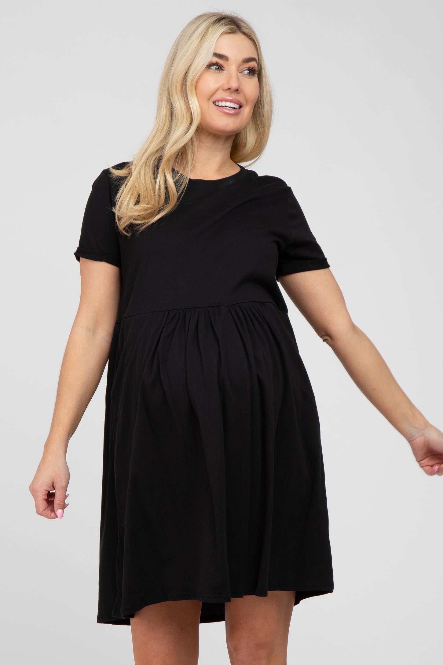 Black Cuffed Short Sleeve Babydoll Maternity Dress – PinkBlush