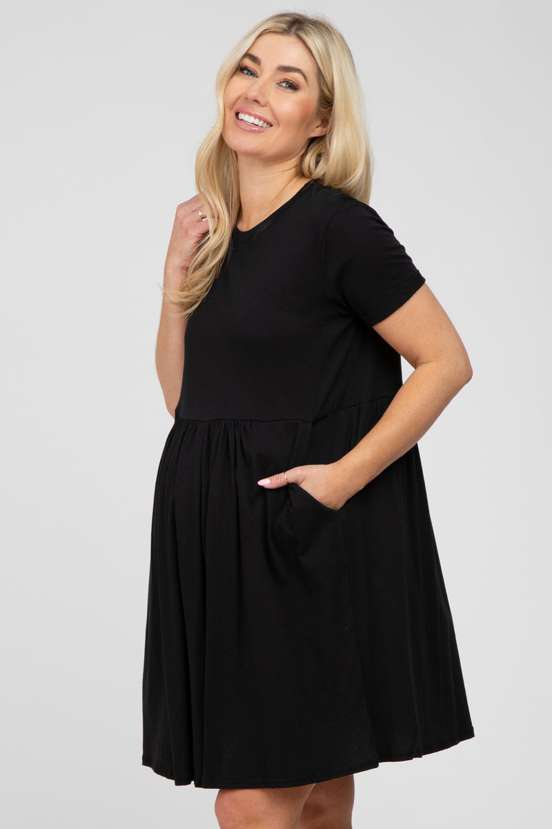 Black Cuffed Short Sleeve Babydoll Maternity Dress – PinkBlush