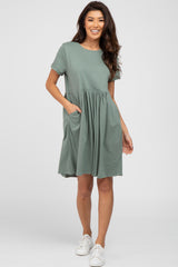 Light Olive Cuffed Short Sleeve Babydoll Dress