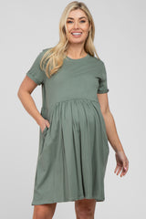 Light Olive Cuffed Short Sleeve Babydoll Maternity Dress