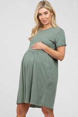 Light Olive Cuffed Short Sleeve Babydoll Maternity Dress