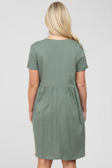 Light Olive Cuffed Short Sleeve Babydoll Maternity Dress