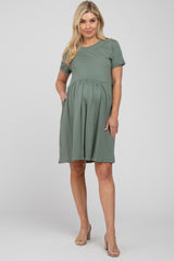 Light Olive Cuffed Short Sleeve Babydoll Maternity Dress