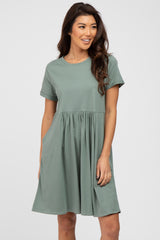 Light Olive Cuffed Short Sleeve Babydoll Maternity Dress