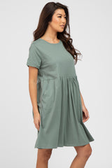 Light Olive Cuffed Short Sleeve Babydoll Dress